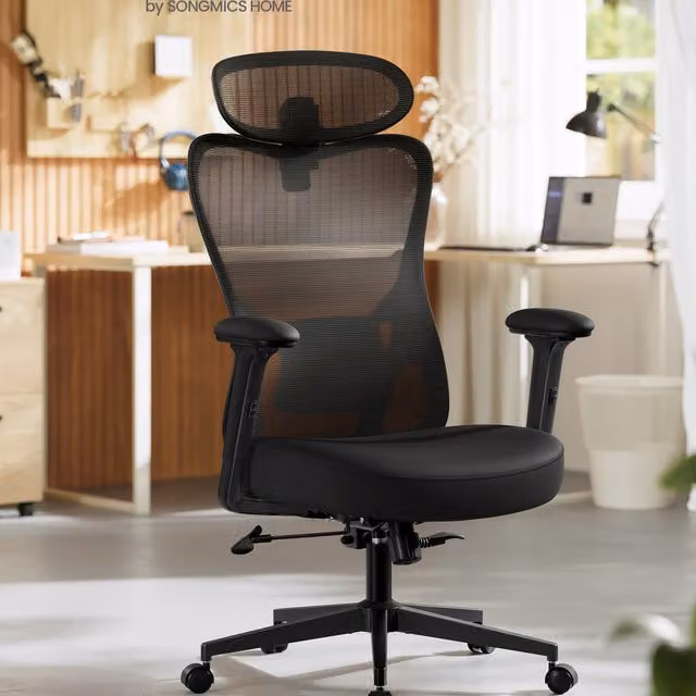 SONGMICS Ergonomic Black Fabric Office Chair with Headrest and Armrests for Home Office