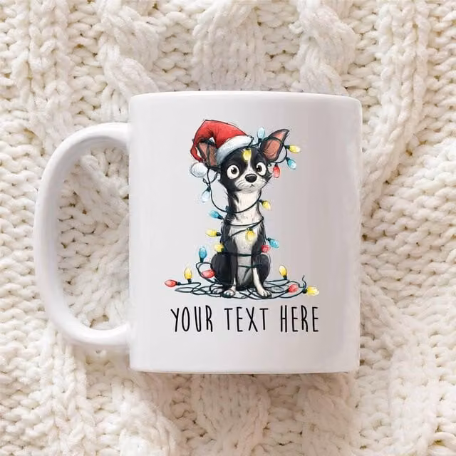60 SECOND MAKEOVER Personalised Chihuahua Christmas Lights Santa Hat Ceramic Mug in White – 1