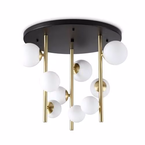 Ideal Lux Perlage 9 Light Globe Ceiling Light in Brass with White Glass Shades