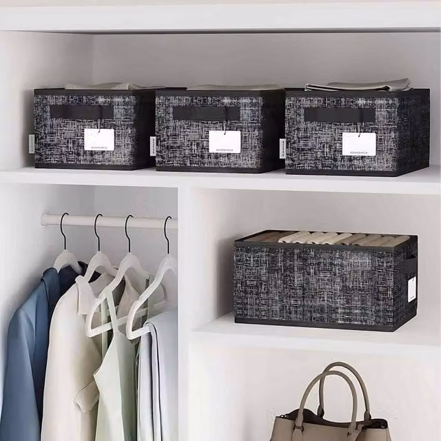 The Bazaarist Set of 3 Foldable Fabric Storage Baskets with Handles and Label Holders, Black – 1