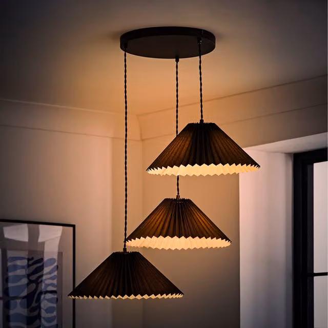 ValueLights Akira Black Fabric Pleated Triple Drop Ceiling Pendant Light with LED Bulbs