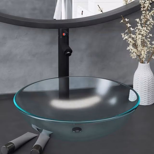 Berkfield Home Black Frosted Tempered Glass Round Countertop Bathroom Sink with Tap and Push Drain