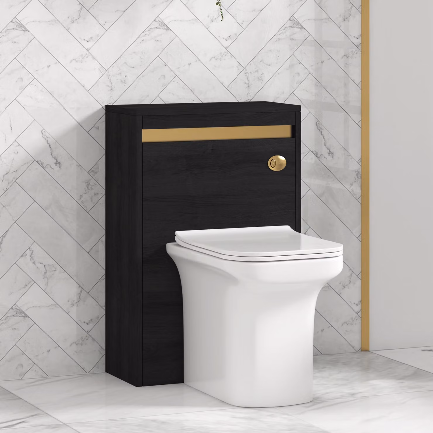 Royal Bathrooms Orion Hale Black BTW WC Unit with Crosby Rimless Toilet Pan, Seat and Cistern, Brushed Brass Accent Trim, Width: 54 cm