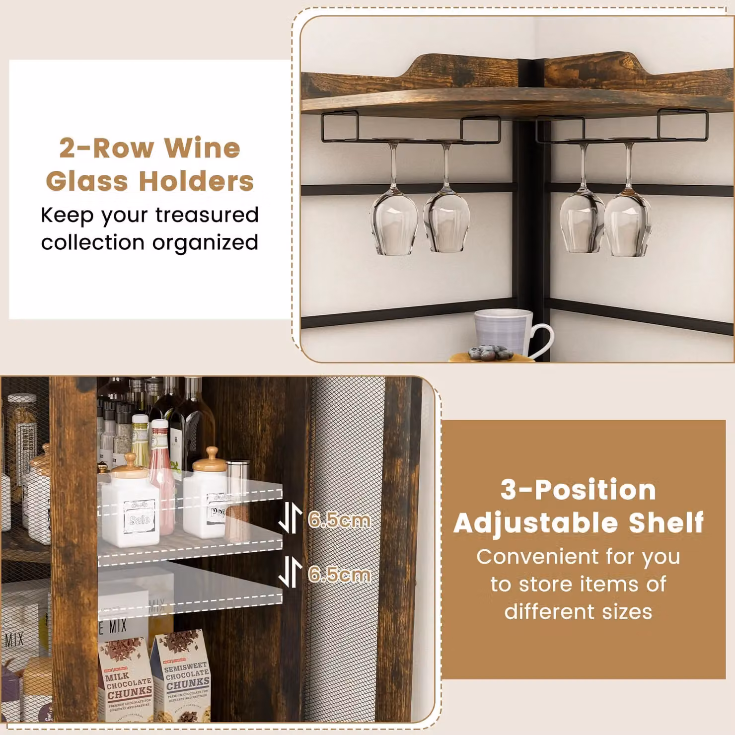 Costway Industrial Kitchen Corner Bar Cabinet and Wine Buffet in Brown – 7