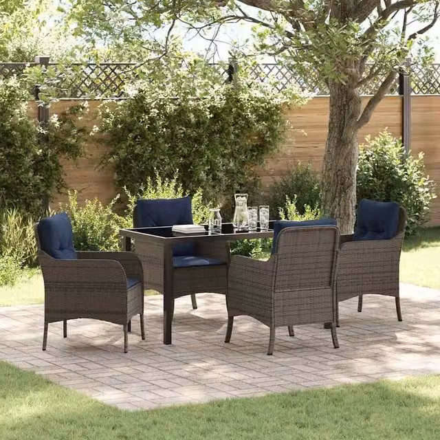 Berkfield Home 5 Piece Grey Poly Rattan Garden Dining Set with Cushions