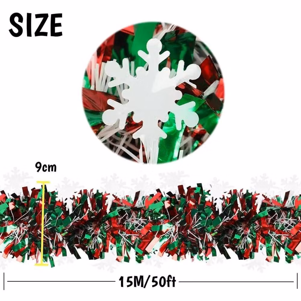 FLAVORA Christmas Snowflake Tinsel Garland in Red and Green, 15 m – 5