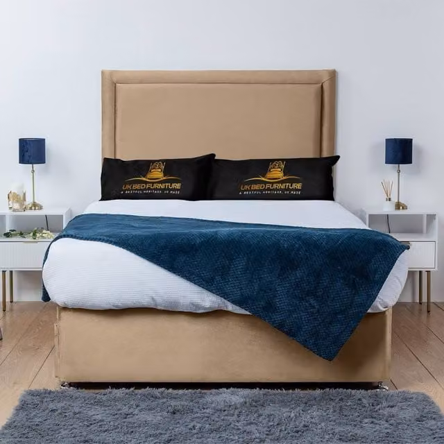 UK Bed Furniture Ascot Divan Bed Base with 26 Inch Headboard in Beige, King Size, W/D/H: 180 x 200 cm