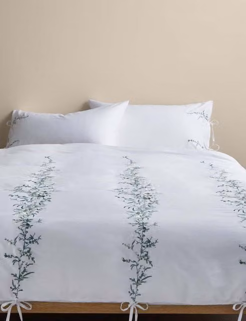 M&S White Floral Embroidered Pure Cotton Bedding Set with Duvet Cover and Pillowcase, W: 140 cm, H: 200 cm