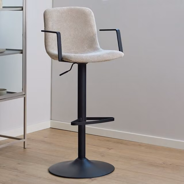 Furniture To Go Pair of Pablo Swivel Bar Stools in Beige Fabric with Black Metal Frame