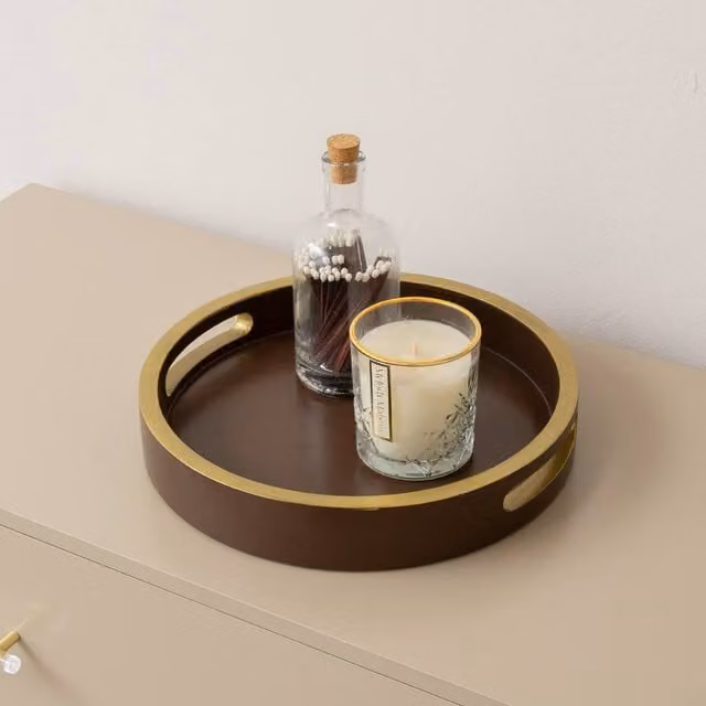 Melody Maison Large Round Decorative Tray in Dark Wood and Gold, Brown and Multicolour