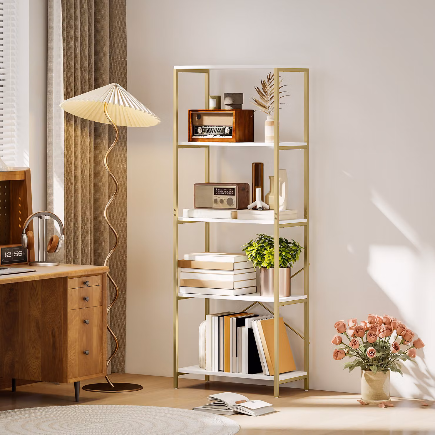 HOMCOM 5-Tier Modern Metal Frame Bookshelf in White and Gold Tone – 2