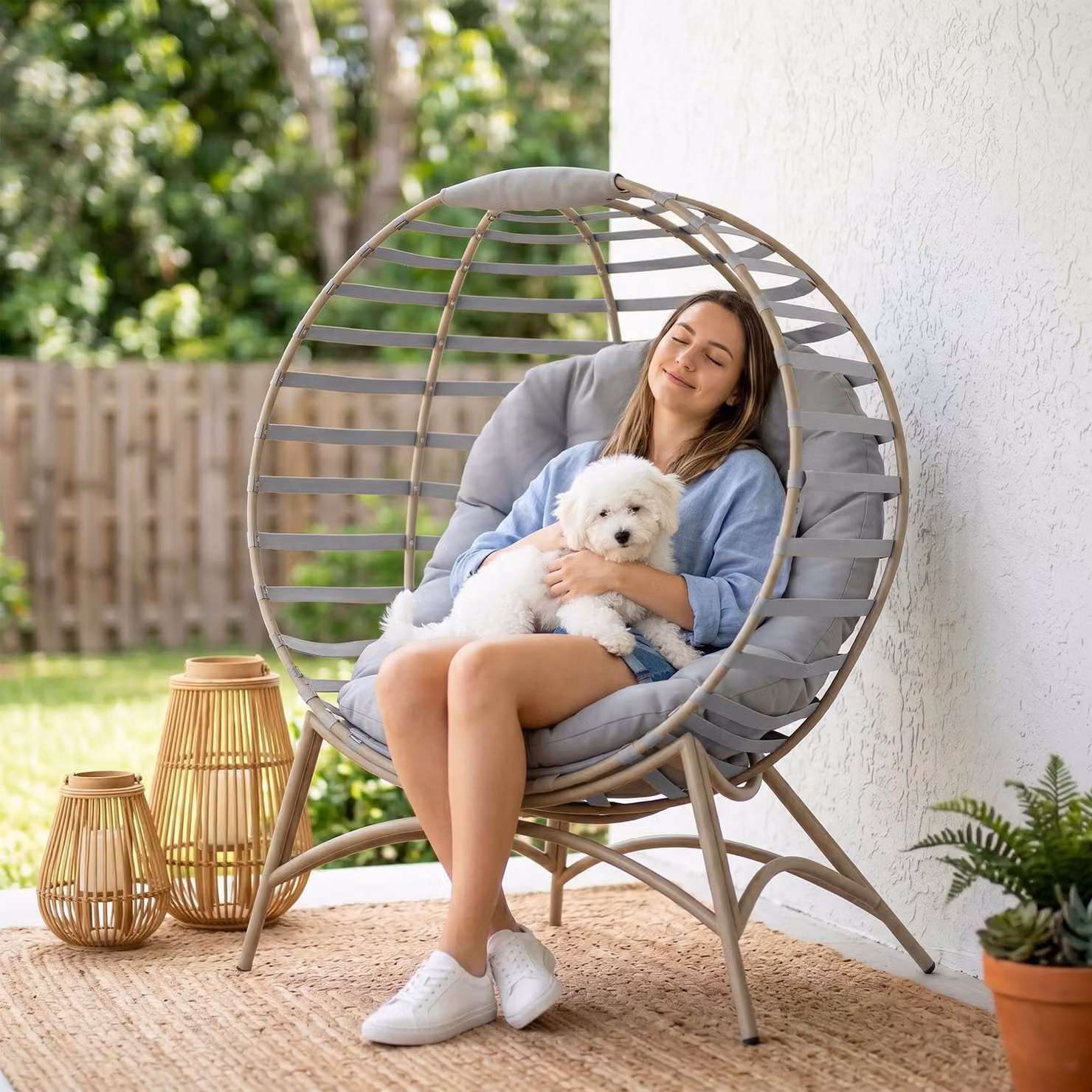 Outsunny Egg Chair with Cushion and Side Pocket in Light Grey – 4