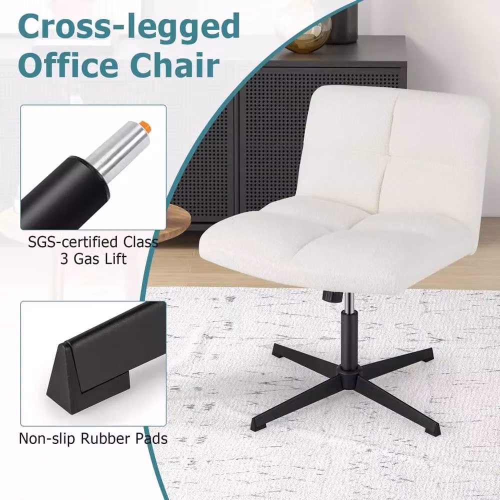 Costway White Bouclé Armless Swivel Task Chair with Height Adjustment for Home Office and Vanity – 4