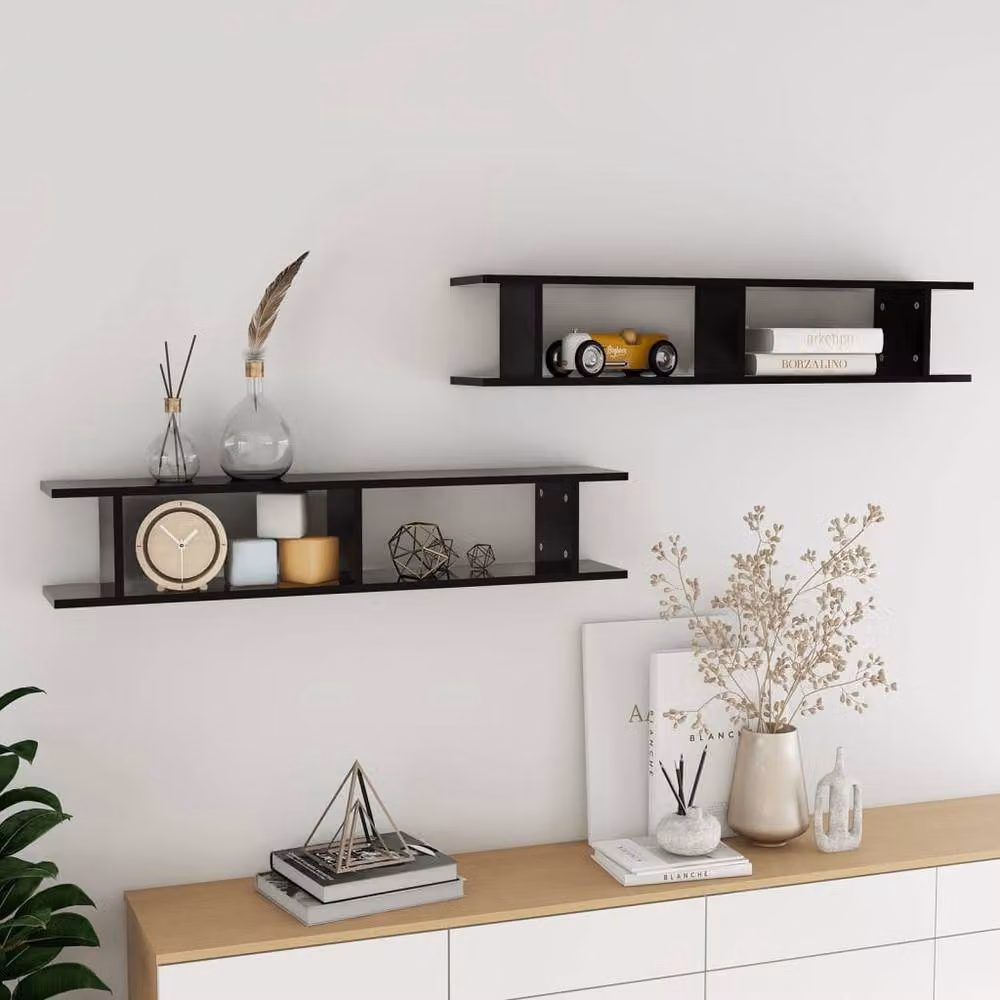 Berkfield Home Set of 2 Black Wall Mounted Cube Shelves in Engineered Wood, W: 105 cm, D: 20 cm, H: 20 cm – 2