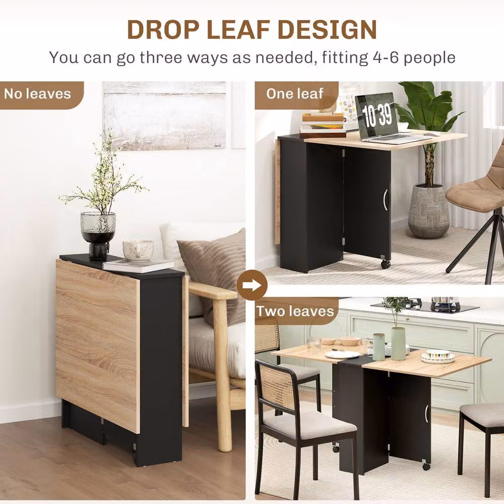 HOMCOM Modern Folding Dining Table with Drop Leaf, Oak and Black – 4