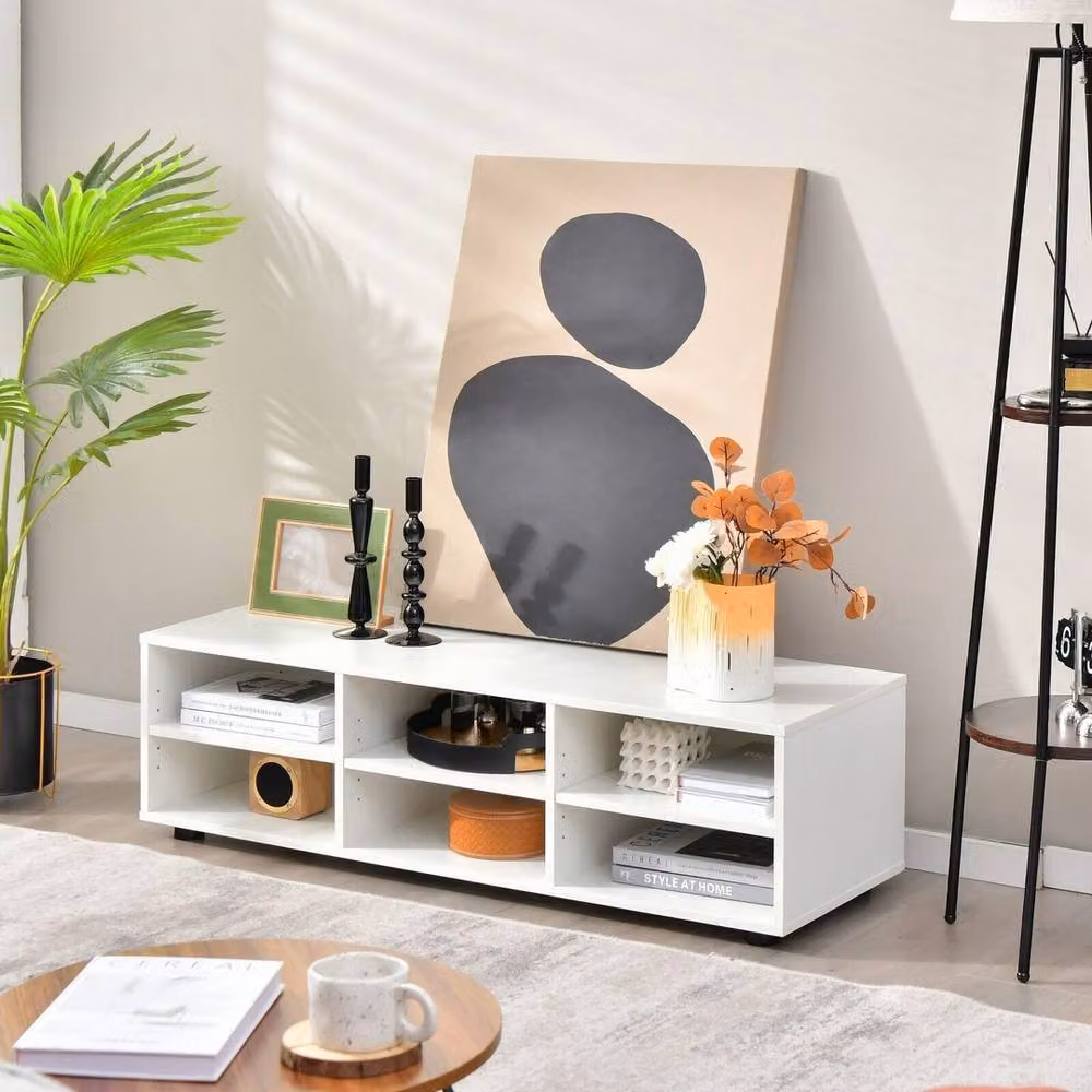 VOGREX 55 inch Modern White Wooden TV Stand with 6 Compartments – 4