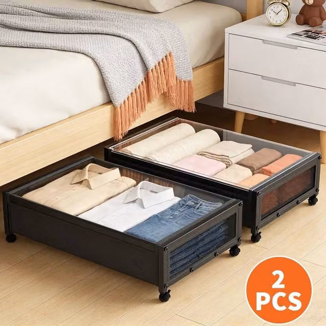 PAWNORA 2x Large Underbed Storage Boxes with Wheels in Black Matt Metal