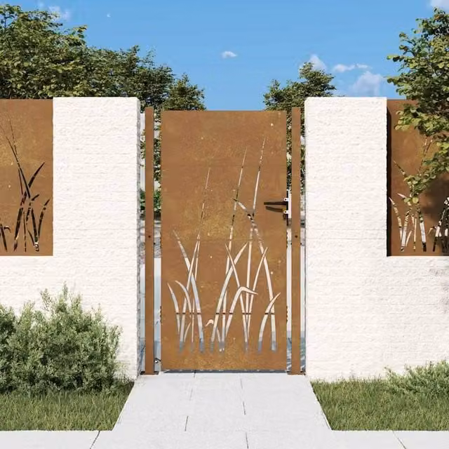 Berkfield Brown Corten Steel Garden Gate with Grass Design, W: 105 cm, H: 180 cm – 1