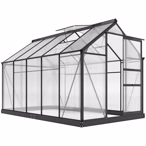 Outsunny Aluminium and Polycarbonate Walk-In Garden Greenhouse with Sliding Door, Grey and Transparent