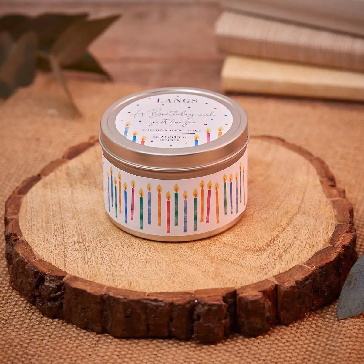 Langs Birthday Wish Poppy & Ginger Soy Candle Tin in White and Multicolour, 30 g – 2