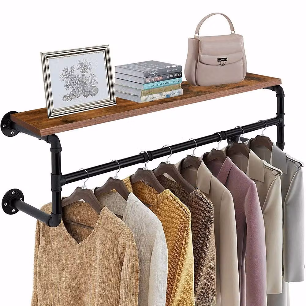 FLAVORA Rustic Industrial Black Matt Metal and Wood Continuous Linear Clothes Rail, Width: 60 cm – 2