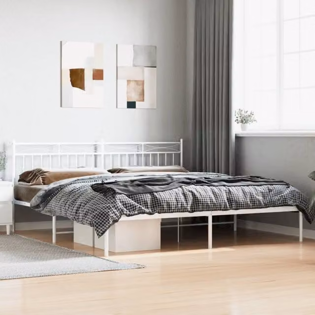 Berkfield Home Metal Bed Frame with Headboard in White W: 193 cm, D: 203 cm