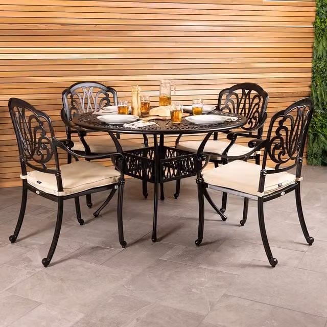 Charles Bentley Classic 4 Seater Outdoor Dining Set in Black and Beige Aluminium