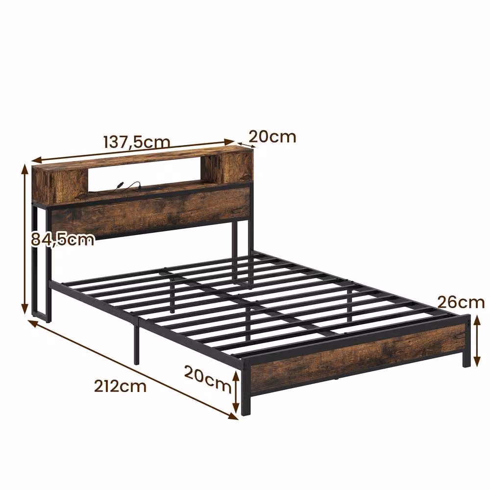 Costway Double Size Metal Platform Bed Frame in Brown with LED Lights, USB Charging Port and Side Compartments, W/D/H: 140 x 200 cm – 2