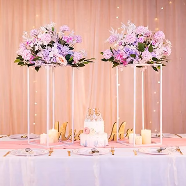 Livingandhome Glamour Golden Flower Stand, White Metal Tabletop Design