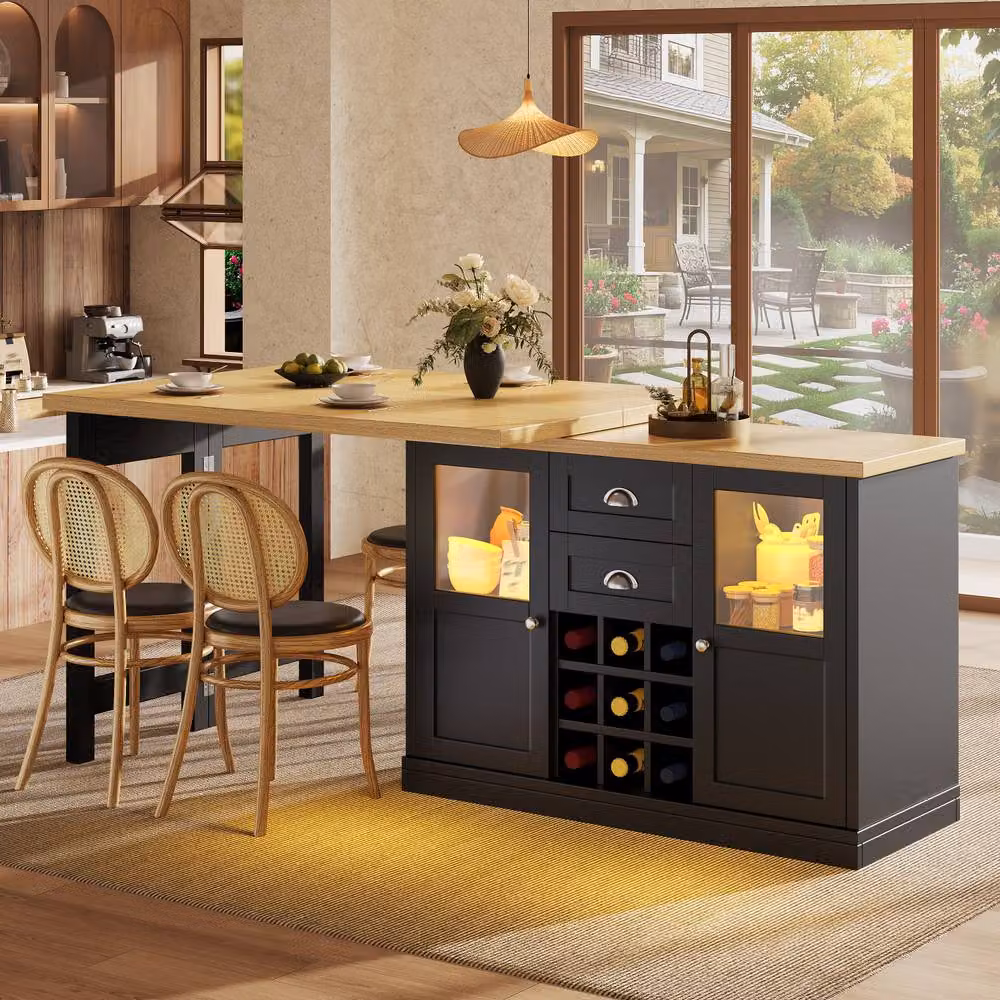 BTM Extendable Black Matt Sideboard with LED Lighting and Glass Storage Cabinet, W/D/H: 148 x 40 x 74 cm – 3