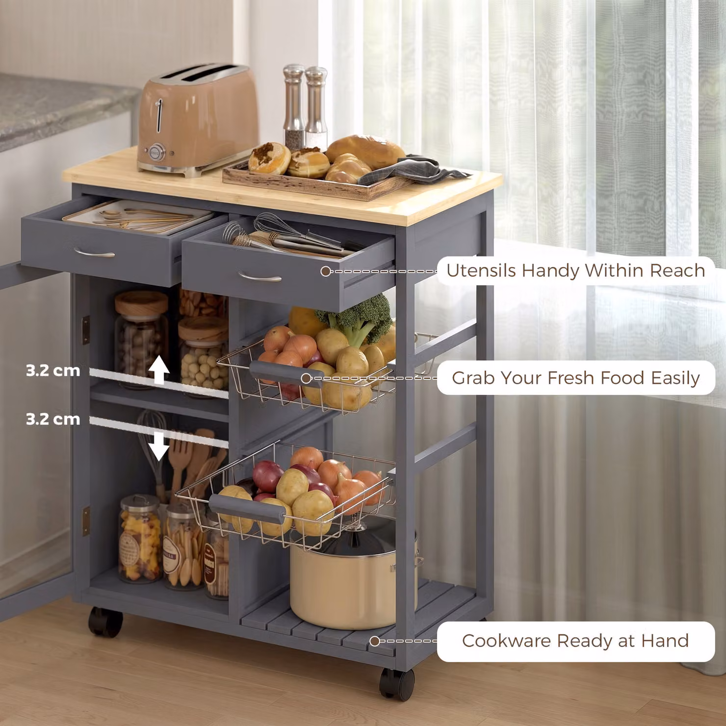 HOMCOM Grey Bamboo Kitchen Island Rolling Trolley with Glass Door, Metal Wire Baskets and Adjustable Shelf – 5