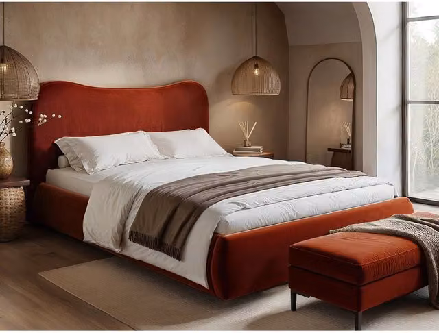 Solace+Co Ember Orange Velvet Curved Headboard Ottoman Bed, W/D: 180 x 200 cm