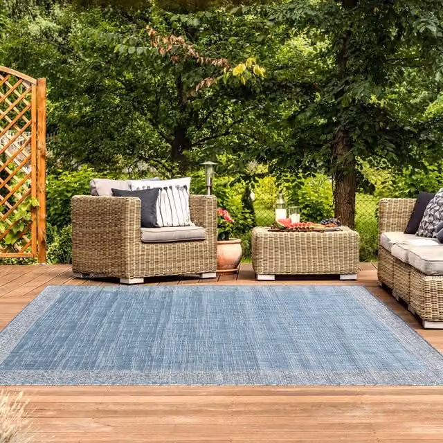 The Rug House Aqua Blue Floral Bordered Flatweave Indoor Outdoor Rug, W: 110 cm, D: 60 cm