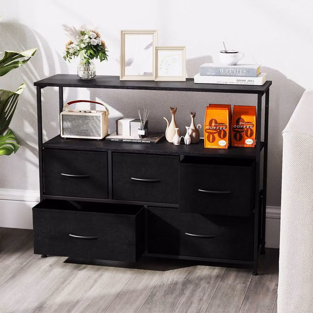 Gymax 5-Drawer Dresser with Open Shelves in Black – 5