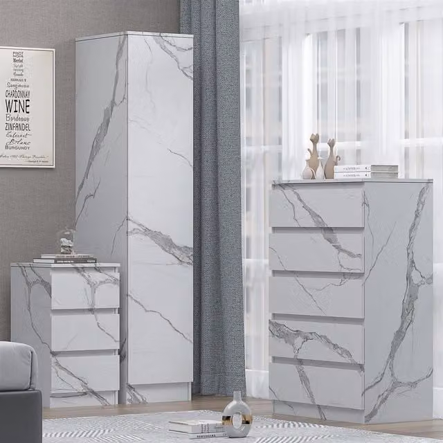 Zita 3 Piece Bedroom Furniture Set in White Marble Effect featuring 1 Door Wardrobe, Tall Chest and 3 Drawer Bedside Table