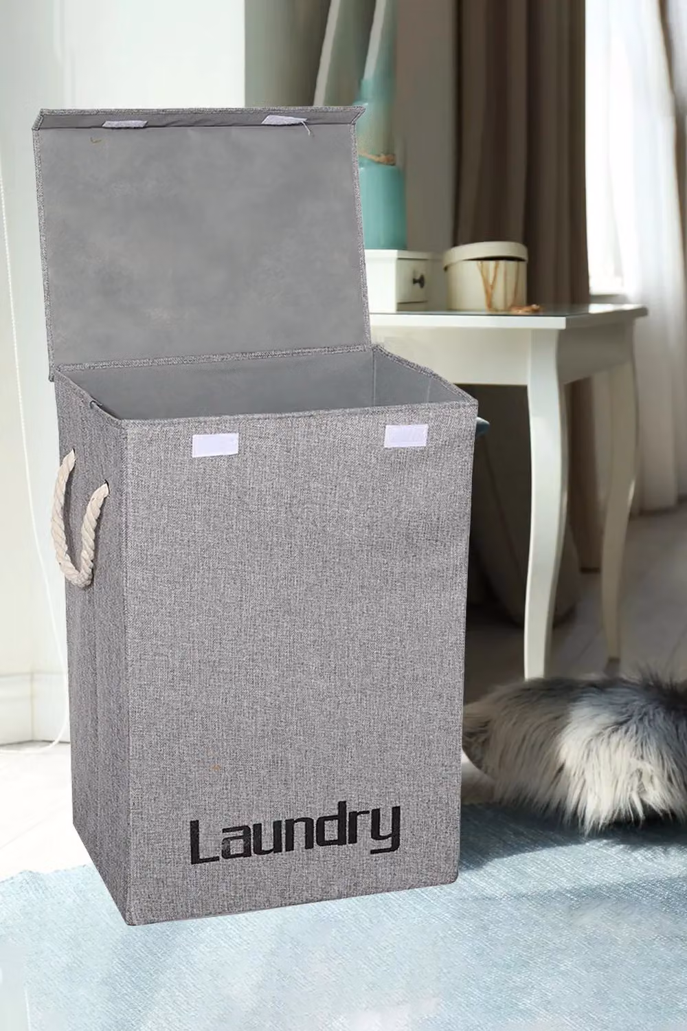 Living and Home 72L Large Fabric Laundry Basket with Lid and Handles, Grey, W/D/H: 60 x 40 x 1.0 cm – 3
