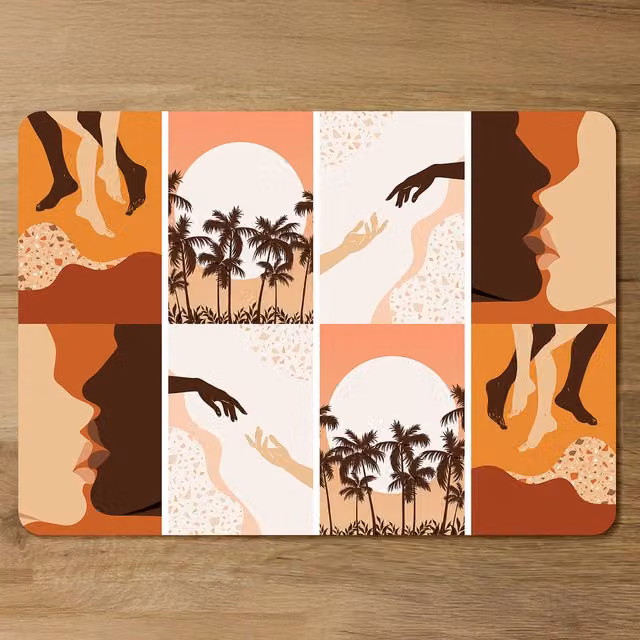 Benjamin Tate Design LTD Modern Abstract Floral and Landscape Designer Placemat Set, Orange and Multicolour, Set of 6