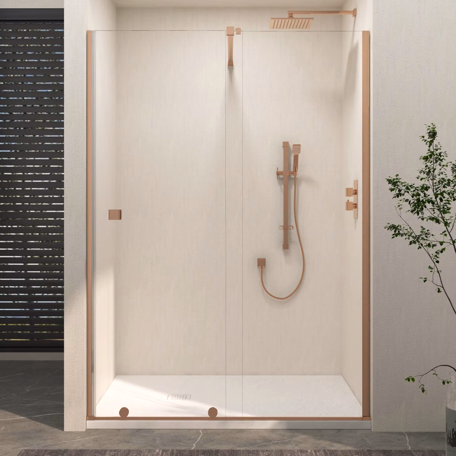 Royal Bathrooms Luton Recessed Sliding Shower Screen with White Slate Effect Stone Shower Tray, Brushed Bronze, Height: 195 cm, 8 mm Glass