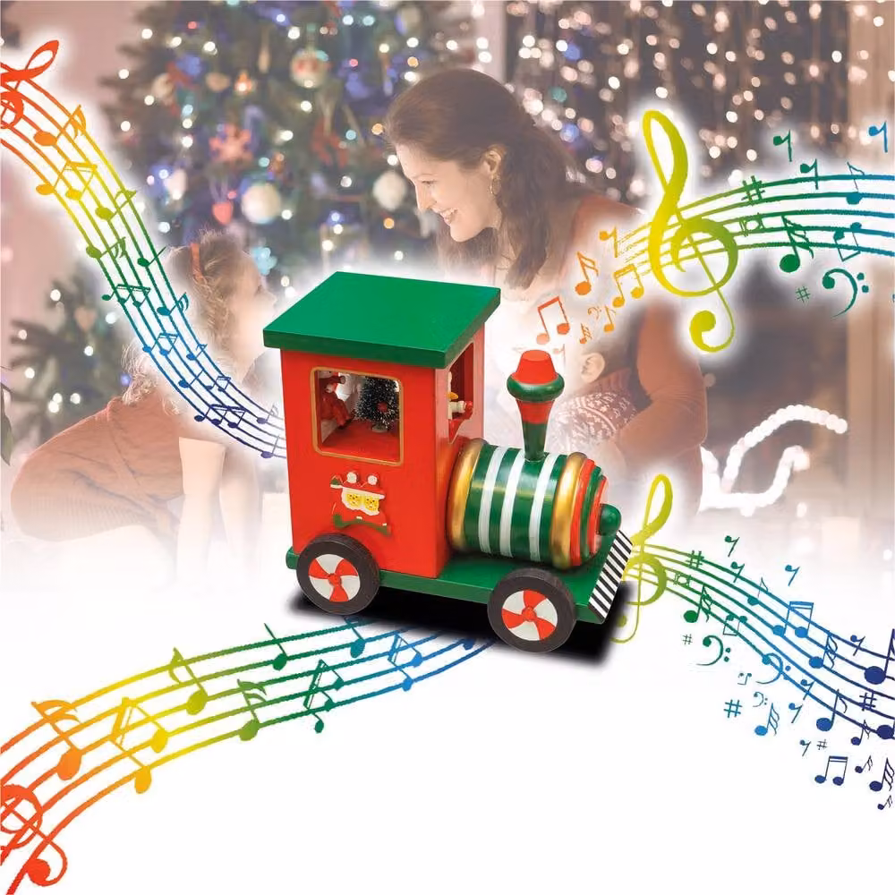 mysmartbuy Vintage Wooden Christmas Train Wind-Up Music Box in Red and Green – 4