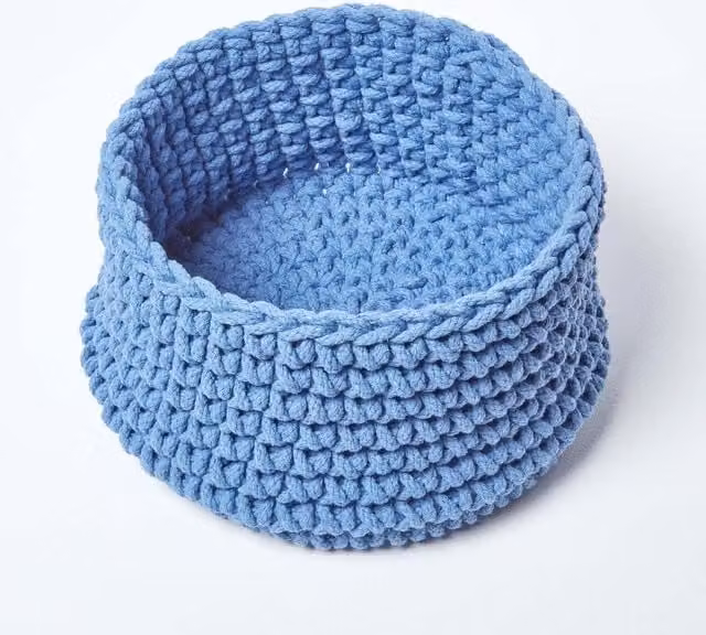 Homescapes Open Weave Cotton Knitted Round Storage Basket in Blue or Green, 29 l