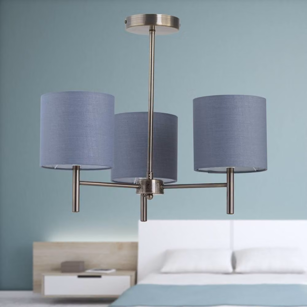 First Choice Lighting Brea Antique Brass 3 Light Ceiling Fitting with Grey Fabric Shade – 4