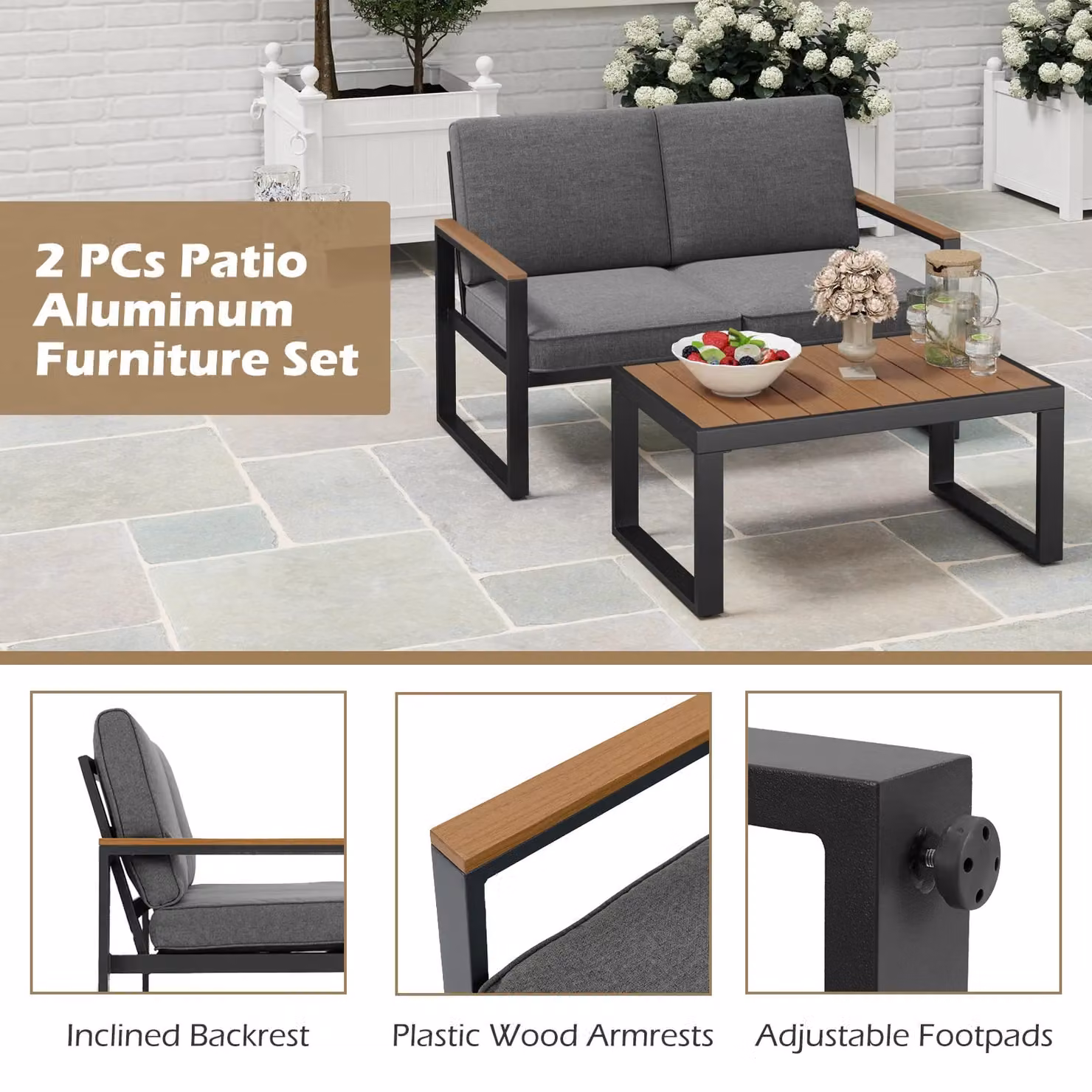 Gymax 2 Piece Grey Patio Furniture Set Featuring a 2 Seater Outdoor Sofa with Cushions and a Coffee Table – 3