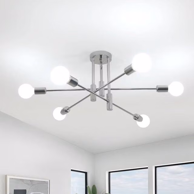 Goeco Industrial Retro 6-Light Ceiling Chandelier in Silver with E27 Base