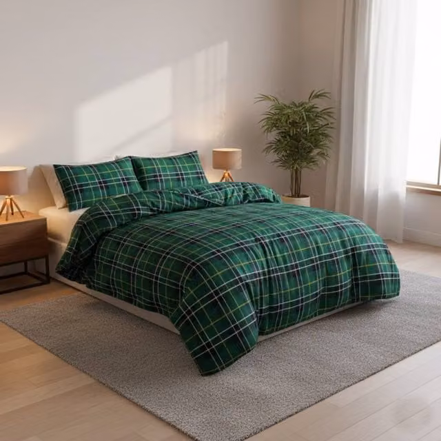 Snug City Green Tartan Flannelette Cotton Duvet Cover and Pillowcase Set, W/D/H: 200 x 200 cm – 1