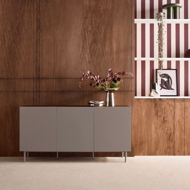 sweeek Modern 3-Door Sideboard in Grey and Walnut with Metal and Wood Decor