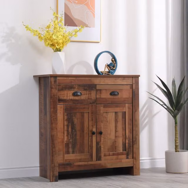 HMD Furniture Rustic Brown Wooden 2 Door 2 Drawer Sideboard