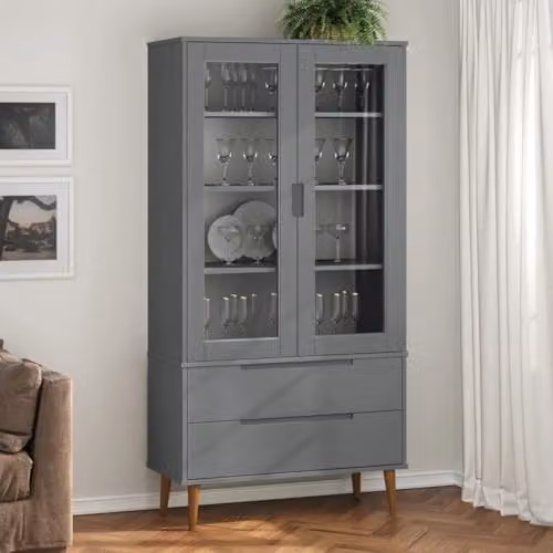 vidaXL MOLDE Vitrine Cabinet, Grey Lacquered Solid Pine Wood with Glass Doors, W/D/H: 90 x 35 x 175 cm – 2