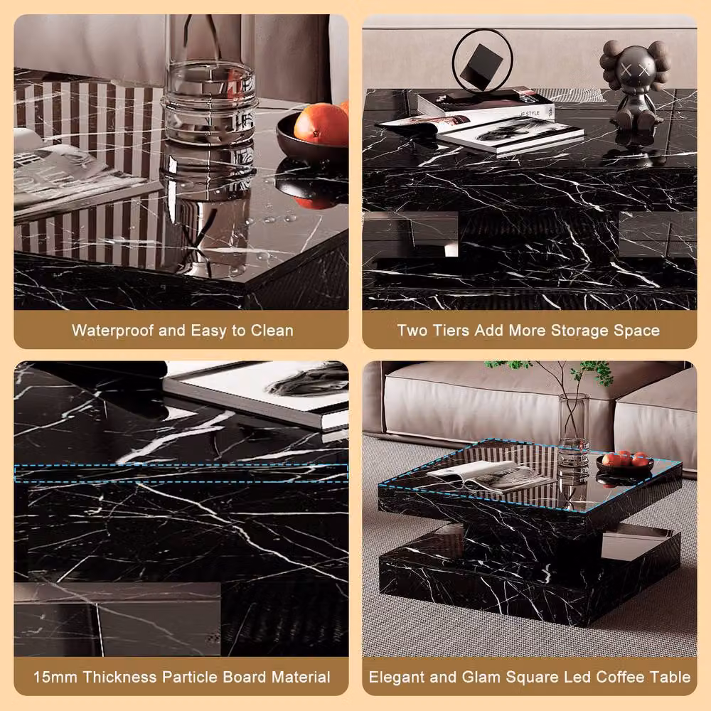 KEEPREAPER Modern Square Coffee Table with LED Light and 2-Tier Storage, Black Marble Finish, W: 78 cm, D: 40 cm, H: 78 cm – 9