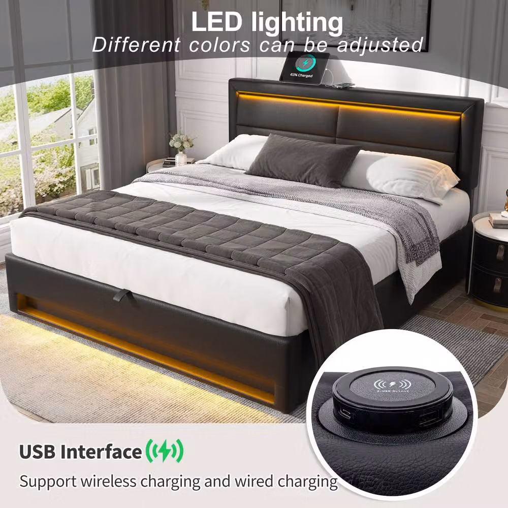 Rolipo Black PU Upholstered Super King Bed with LED Lighting, USB Charging Port and Storage, W/D/H: 180 x 200 cm – 5