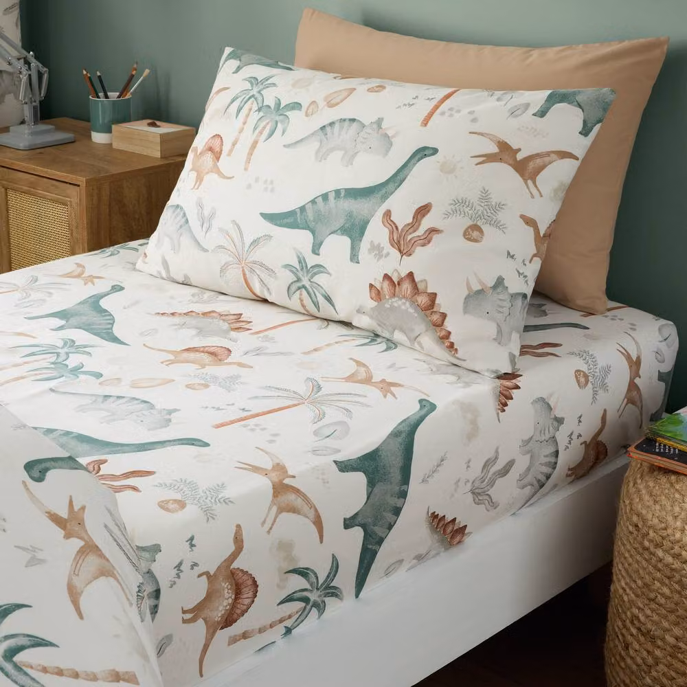 Happy Linen Company Scandi Saurus Dinosaurs Reversible Duvet Cover and Pillowcase Bedding Set in Ivory, Toddler Size – 2